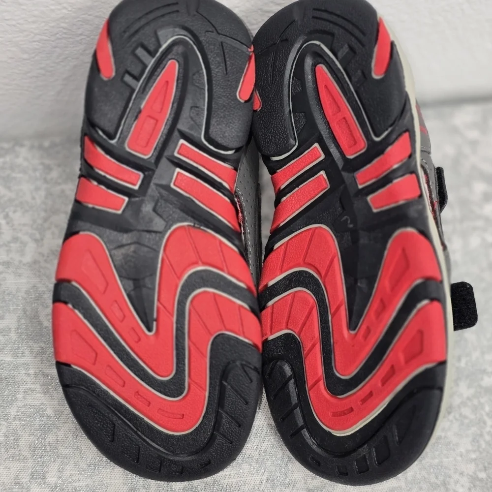 Red and Gray Sandals with Velcro Straps and Cushioned Footbed